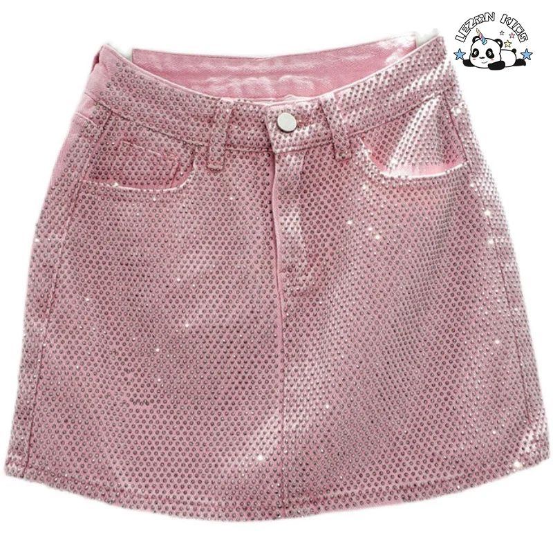 LEZONKIDS - Custom Design Fashion Denim Skirt Hot Drill  Kid's Short Skirt Fashion Solid Color Wrap Hip Mini Skirt
